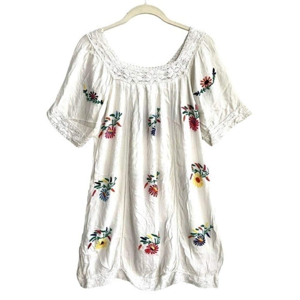2 Chic Luxe Boho White Multi Floral Embroidered Crochet Shift Dress S/M …